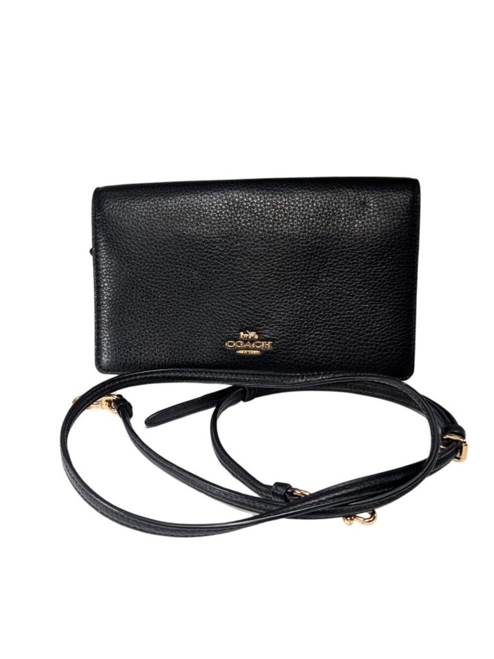 Coach Anna Black Pebbled Leather Slim Envelope Flap 2-Way Clutch Crossbody